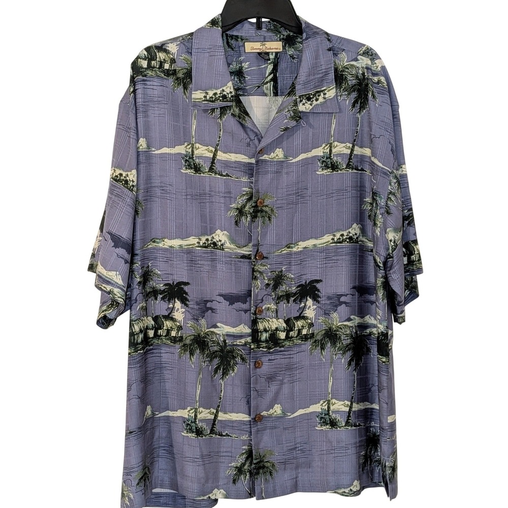 Tommy Bahama Mens XL 100% Silk Tropical Island Palm Tree Camp Shirt Blue Scenic